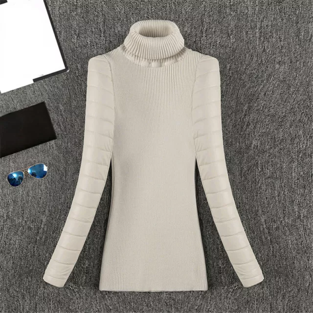 Femme Simili Cuir Col Roulé Pull Tricot Manche Slim Chemisier Haut Chemise