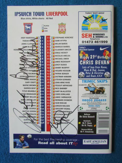 Ipswich Town MULTI HAND SIGNED Programme v Liverpool 9/2/02 - Signed by 3