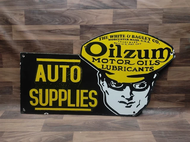 Plaque émaillée Bombée Ancienne OILZUM MOTOR OILS - Déco Métal Publicitaire