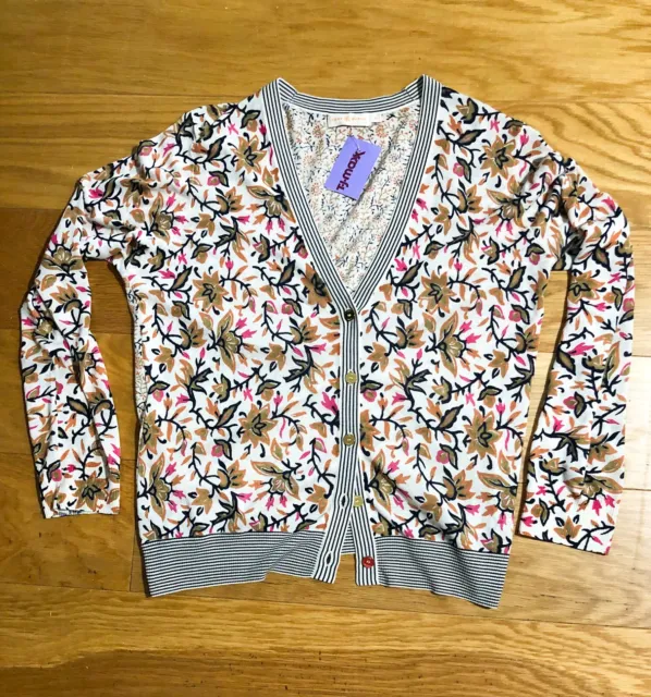 Tory Burch Sweater Cardigan Cream Salmon Floral NWT  Gold Buttons XLarge