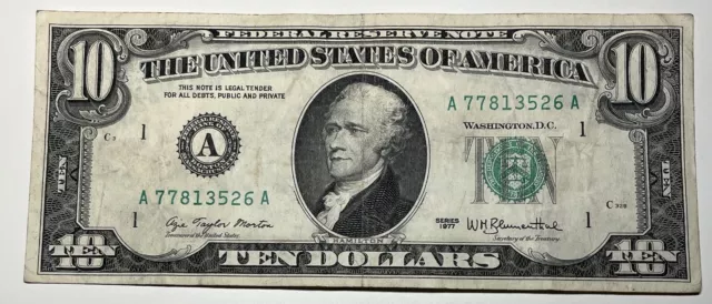 1977 $10 Ten Dollar Bill Federal Reserve Note  Boston MA Vintage Old Currency