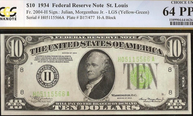1934 $10 Bill Light Yellow Green Seal Federal Reserve Note Money Pcgs 64 Ppq
