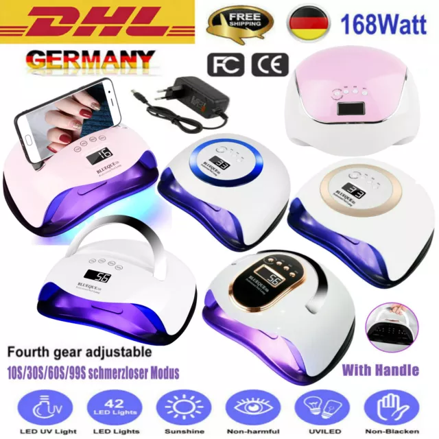 168W LED UV Nagel Lampe Gel Lichthärtungsgerät Sensor Nageltrockner 4 Timer DE