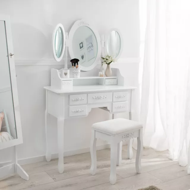 Table à cosmétiques blanche avec 3 miroirs tabouret maquillage table à miroir table de coiffure 3