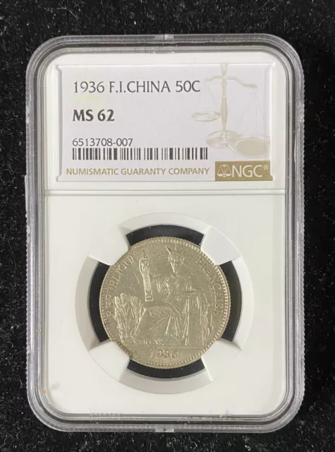 1936 French Indo China Silver 50 Cents NGC 62