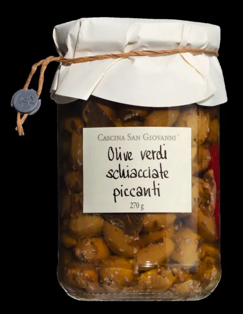 Cascina San Giovanni grüne Oliven mit Kräutern und Chili in Olivenöl 280g