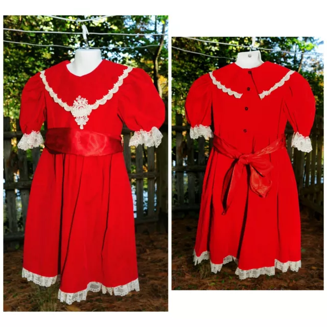 De Colección Años 80 Niñas Talla 4 Rojo Terciopelo y Encaje Vestido de Fiesta de Jo Lene Hecho en EE. UU.