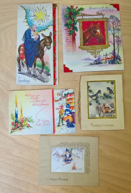 Vintage used greeting cards Christmas x5 / 1950's - 1970's Used