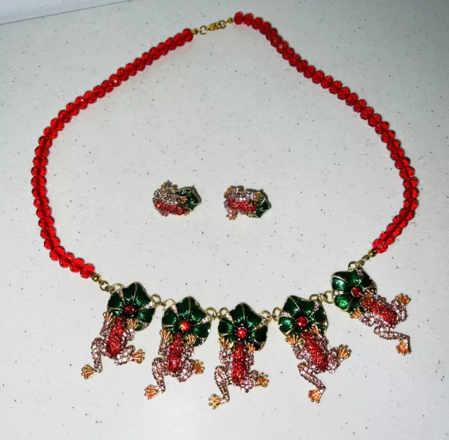 Vintage Christmas FROG ON LILY PAD CRYSTALS NECKLACE Set RARE