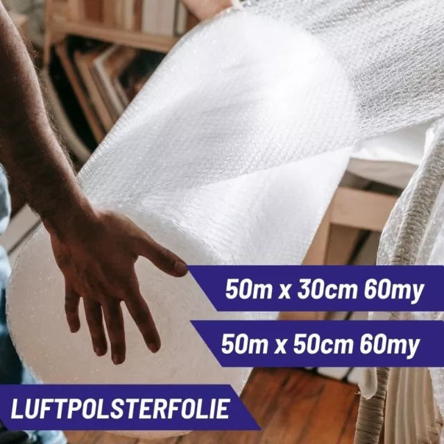 Luftpolsterfolie 30cm/50cm x 50m | 60my Rolle Versandfolie Verpackungsmaterial