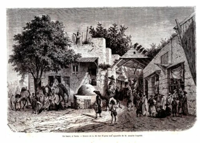 GRAVURE SUR BOIS 19ème UN BAZAR A TUNIS - TUNISIE