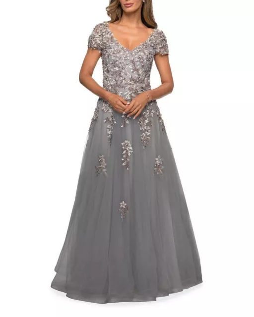 La Femme Gray Beaded Lace Floral Applique Tulle A-Line Gown Size 10 $608