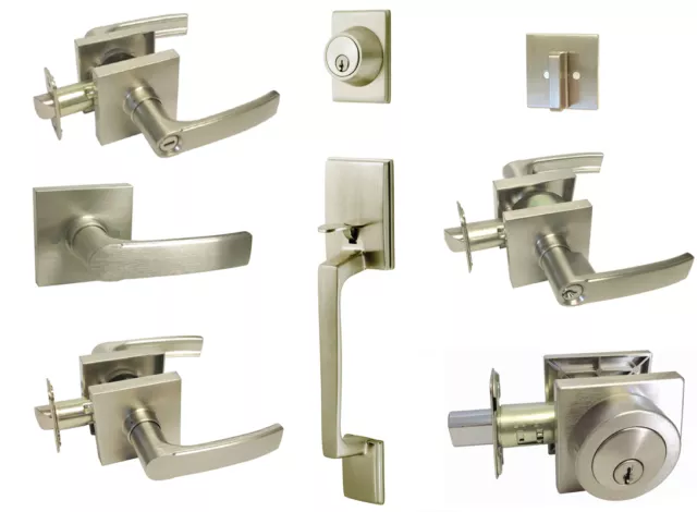 Satin Nickel Modern Square Door Lever Handle Entry/Privacy/Passage/Deadbolt