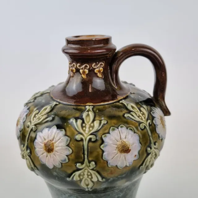 Antique Royal Doulton Stoneware Whisky Flagon Jug Decorated Flowers C.1900 21cm 2