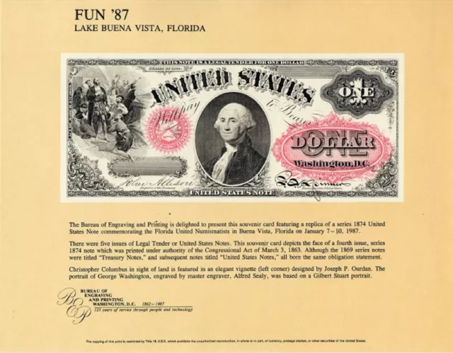 BEP SOUVENIR CARD 1874 $1.00 UNITED STATES NOTE Fr 19