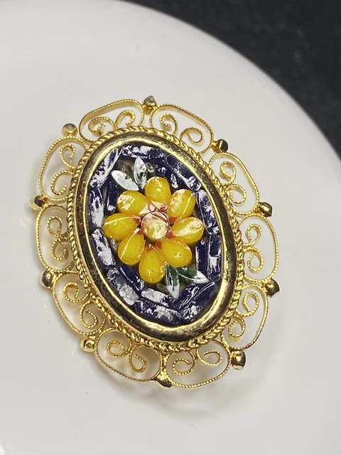 Gorgeous Brass Filigree Made In Italy Blue Floral Micro Mosaic 1920's Brooch/Pin