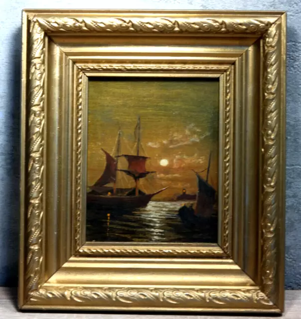 Öl Gemälde Öl Bild Holzrahmen 23x25 cm Maritim "Segelschiffe im Mondlicht"
