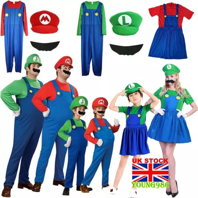 Kids Boys Girls Super Mario Fancy Dress Up Hat Set Party Cosplay Costume Outfits