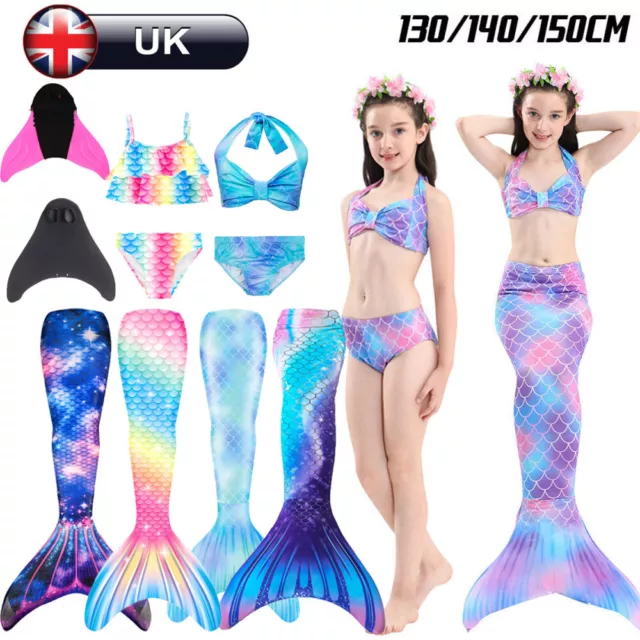 UK Kids Mermaid Tail With Monofin Swimmable Bikini Set Swimsuit Swimming Costume 3