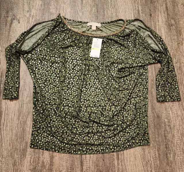 MICHAEL Michael Kors Gold Chain Ivy Green Open Cold Shoulder Blouse/Top - Size M