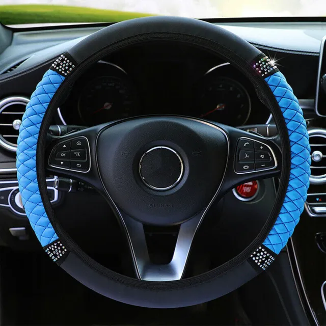 1x Universal Black+Blue PU Leather Diamond Steering Wheel Cover Accessories 15''