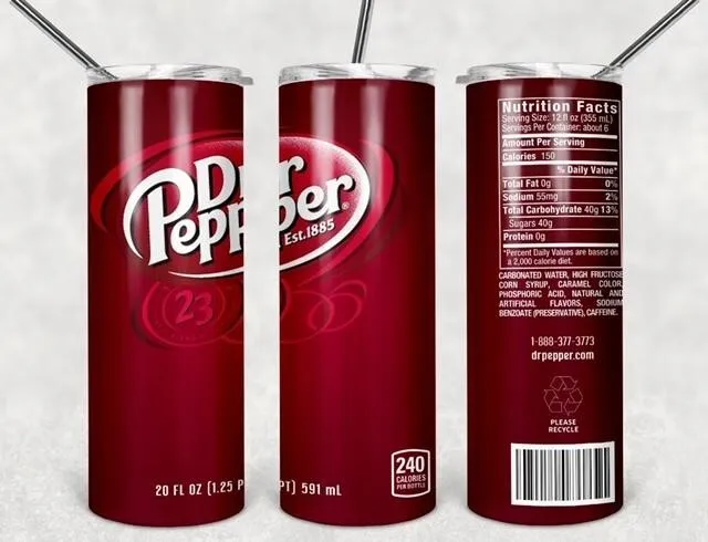 New Dr Pepper Pop Soda Can Drink 20 Oz Stainless Steel Tumbler Cup + Lid & Straw