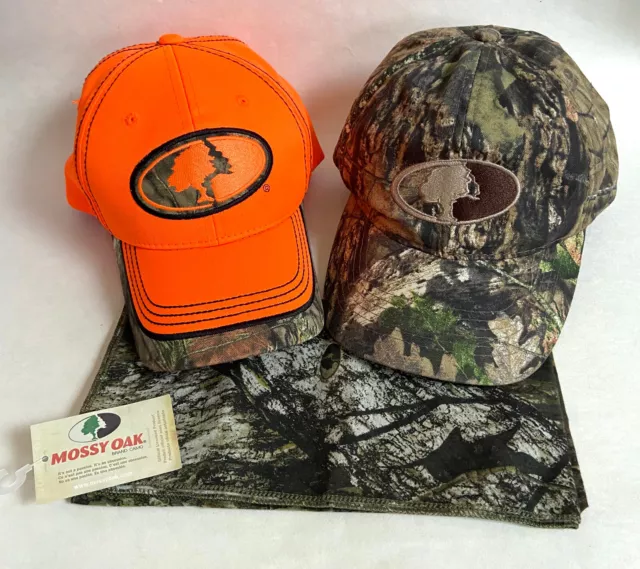 Lot 2 MOSSY OAK Baseball Cap + NWT Bandana Camo Camouflage Blaze Orange Adjust