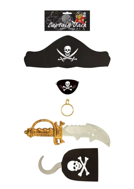 Kids 5Pcs Pirate Fancy Dress Costume Set Hat Hook Earring Eye Patch Cutlass Kit