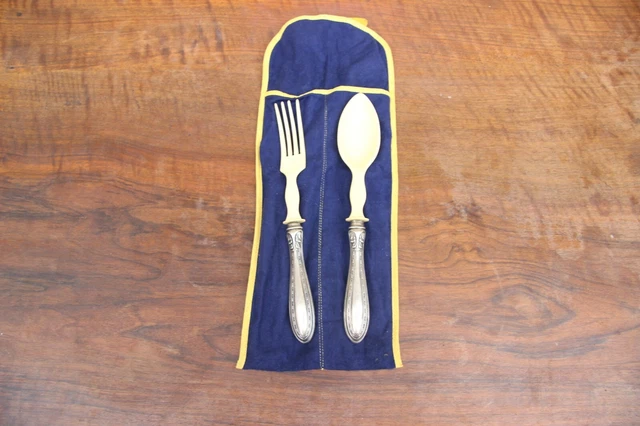 Antica Coppia Di Posate Da Insalata Manici D'argento Titolo 800 Utensili Qualità