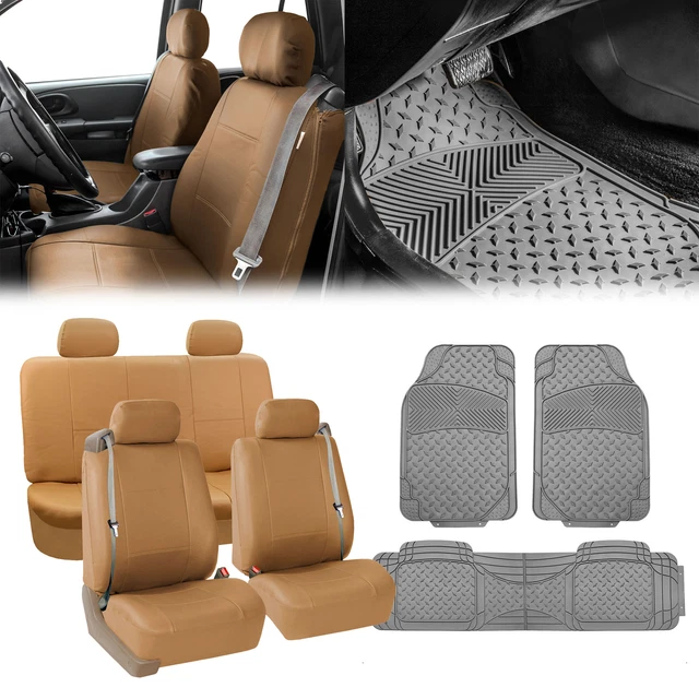 PU Leather Tan Integrated Seatbelt Seat Covers w/Gray Floor Mats