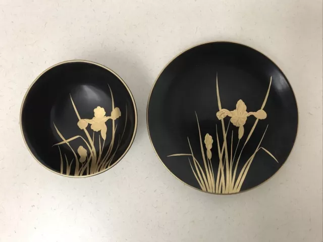 Vintage Japanese Black Gold Lacquer Plate and Bowl Set