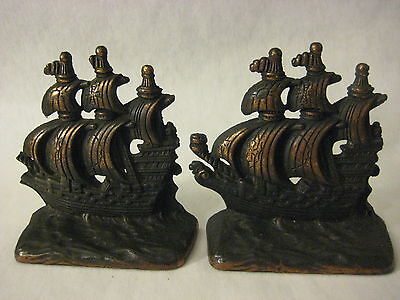 Old Vintage Spanish Clipper Sailing Ship Bronze Cast Iron Metal Bookends