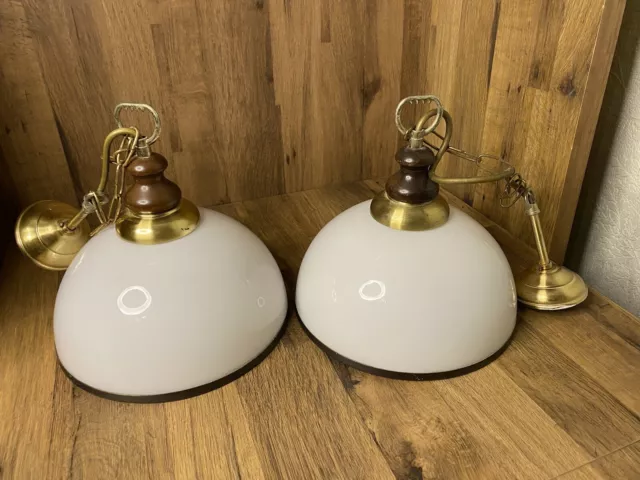 Pair Of Brass Colour And Milk Glass Ceiling Lights Chandelier Pendant Lamps
