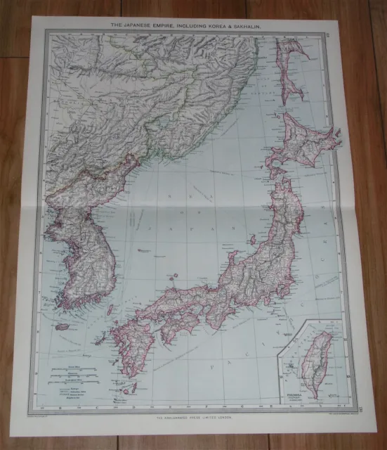 1908 Antique Map Of Japan Japanese Empire / Korea / Russia / Taiwan Inset Map