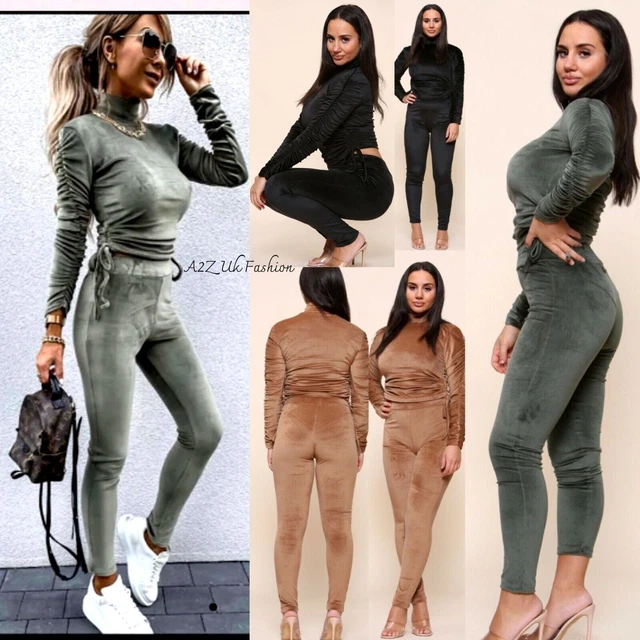 Womens Velour Ruched Side Jogging Loungewear Ladies Tracksuit co-ord set 8-14 UK