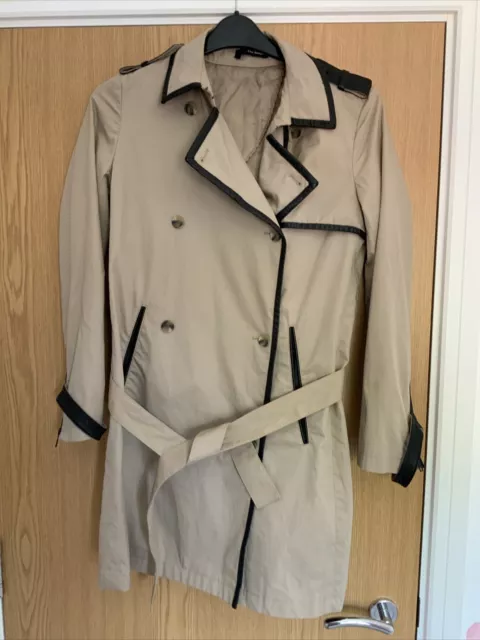 Kooples Trench Coat Women’s - Ivory Beige With Leather Trim Size 38