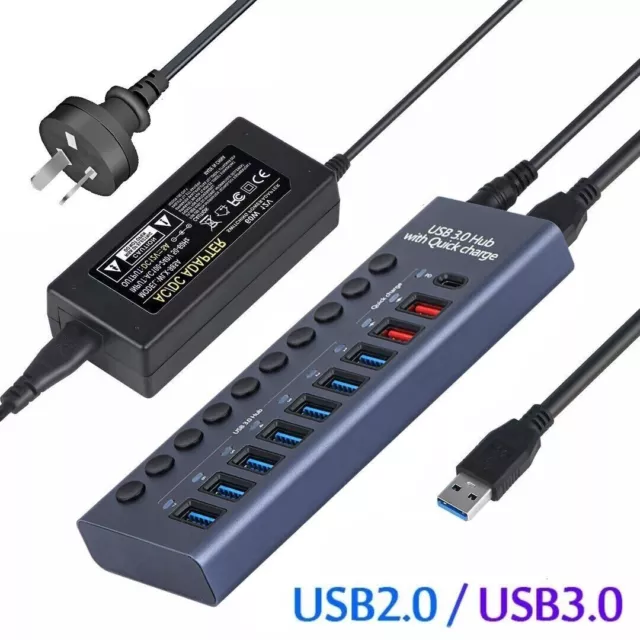 4/7/10 Port USB 3.0 Hub Single Switch 12V 3A/5A  Splitter Extender Power Adapter