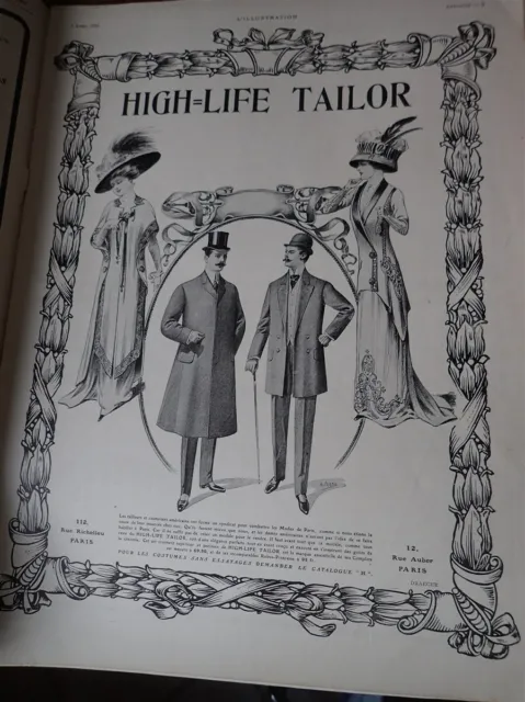 HIGH LIFE TAILOR + hôtel MIRABEAU + MOTOSACOCHE  pub papier ILLUSTRATION 1909 co