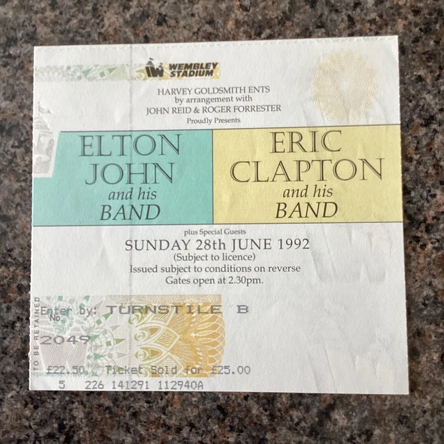 ERIC CLAPTON ELTON John Concert Ticket Wembley Stadium London 28th June