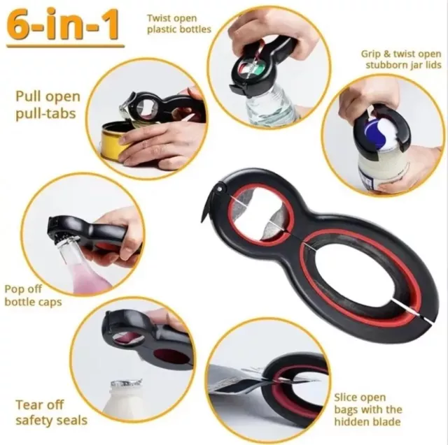 Kitchen Tool Open Lid Gadget Manual Cap Opener Twist Can Bottle Jar Multi 6 in 1