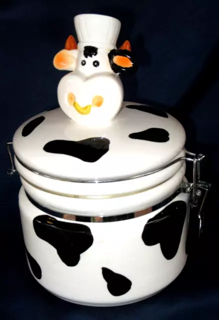 Vintage Black White Cow  Air Tight Ceramic Cookie Jar Canister Anthropomorphic