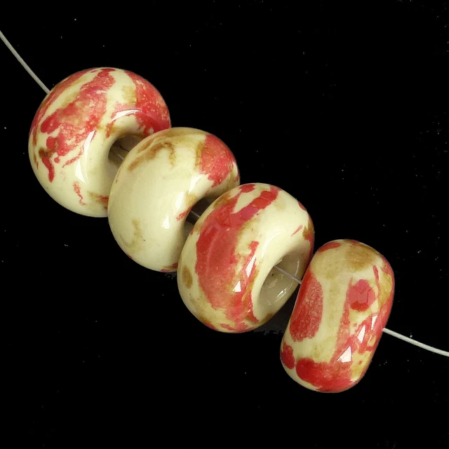 Keramikperlen Rondelle 21-22 mm 10 Perlen creme rot massiv nenad-design AN394