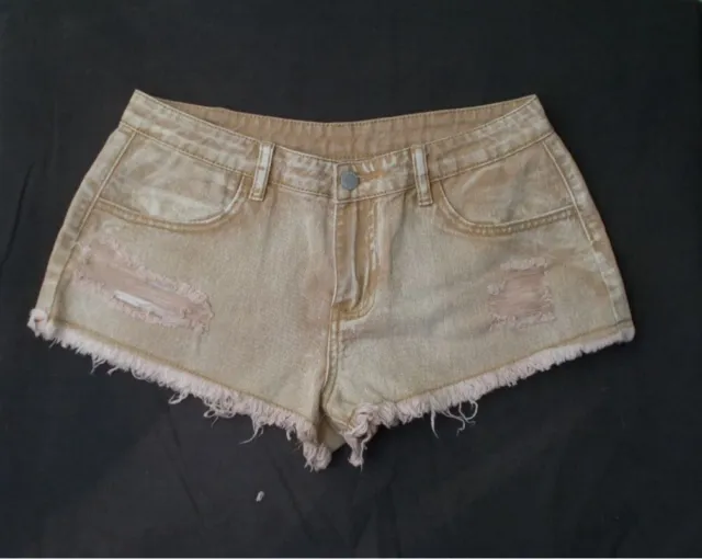 Denim booty shorts SHEIN BAE gold cheeky soft fringed size 27 28 x 1.5"
