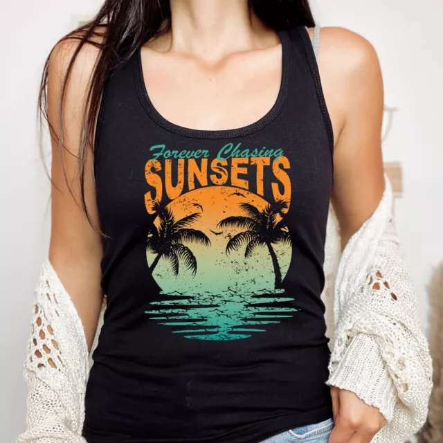 Womens Adult Casual Graphic Racerback Tank Top- FOREVER CHASING SUNSETS