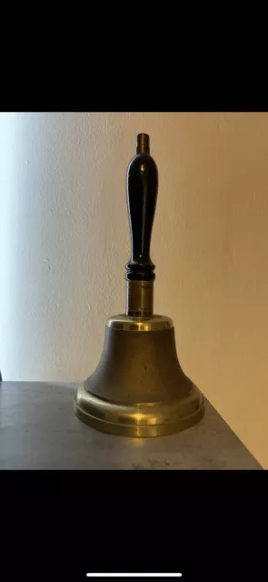 Antique English Brass Schoolmasters Bell. Slight Damage To Wood Handle.