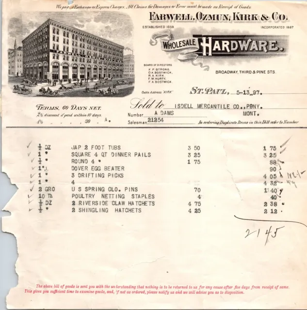 Farwell Ozmun Kirk & Co St Paul MN 1897 Billhead Wholesale Hardware