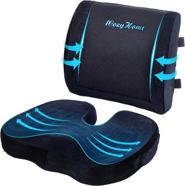 Memory Foam Gel Seat & Lumbar Cushion For Chair Office Car Sciatica Coccyx Pain