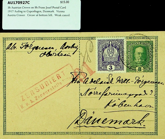 Österreich 1917 WWI Zensor 3h Auf 8h Postal Karte Von Assling Kopenhagen Denmark