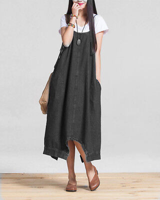 Womens Jeans Pinafore Loose Denim Dungaree  Suspender Skirt Baggy Overall Dress