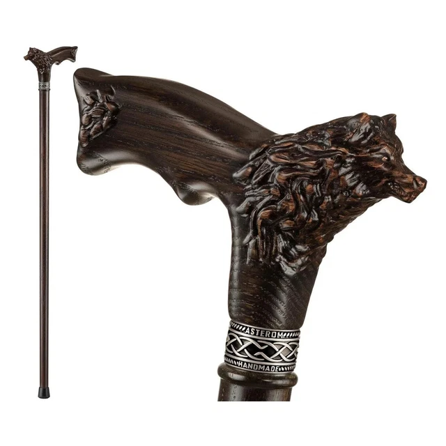 Wolf Head Handle Walking Cane Stick Hand Carved Wooden Walking Stick X_Mass Gift